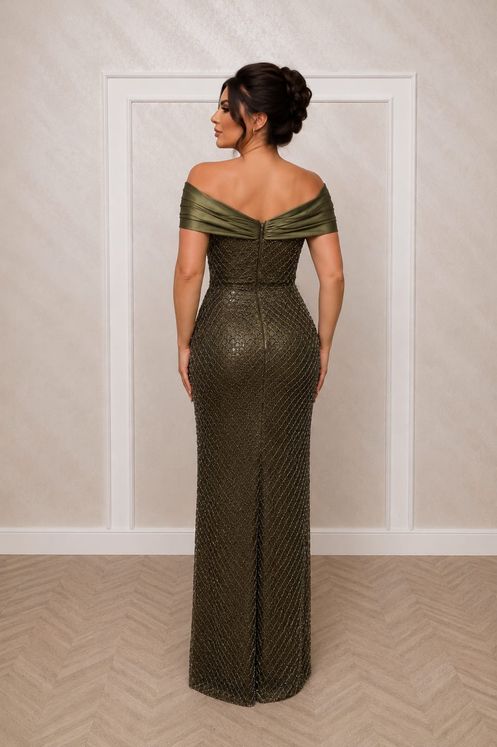 Rochia Zeila - rochie din dantela cu perle si bretele off the shoulder corset reglabil