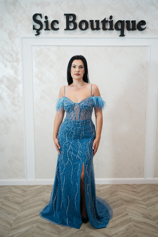 Rochie de seara Ela din tull fin cu perle și cristale – Baby Blue