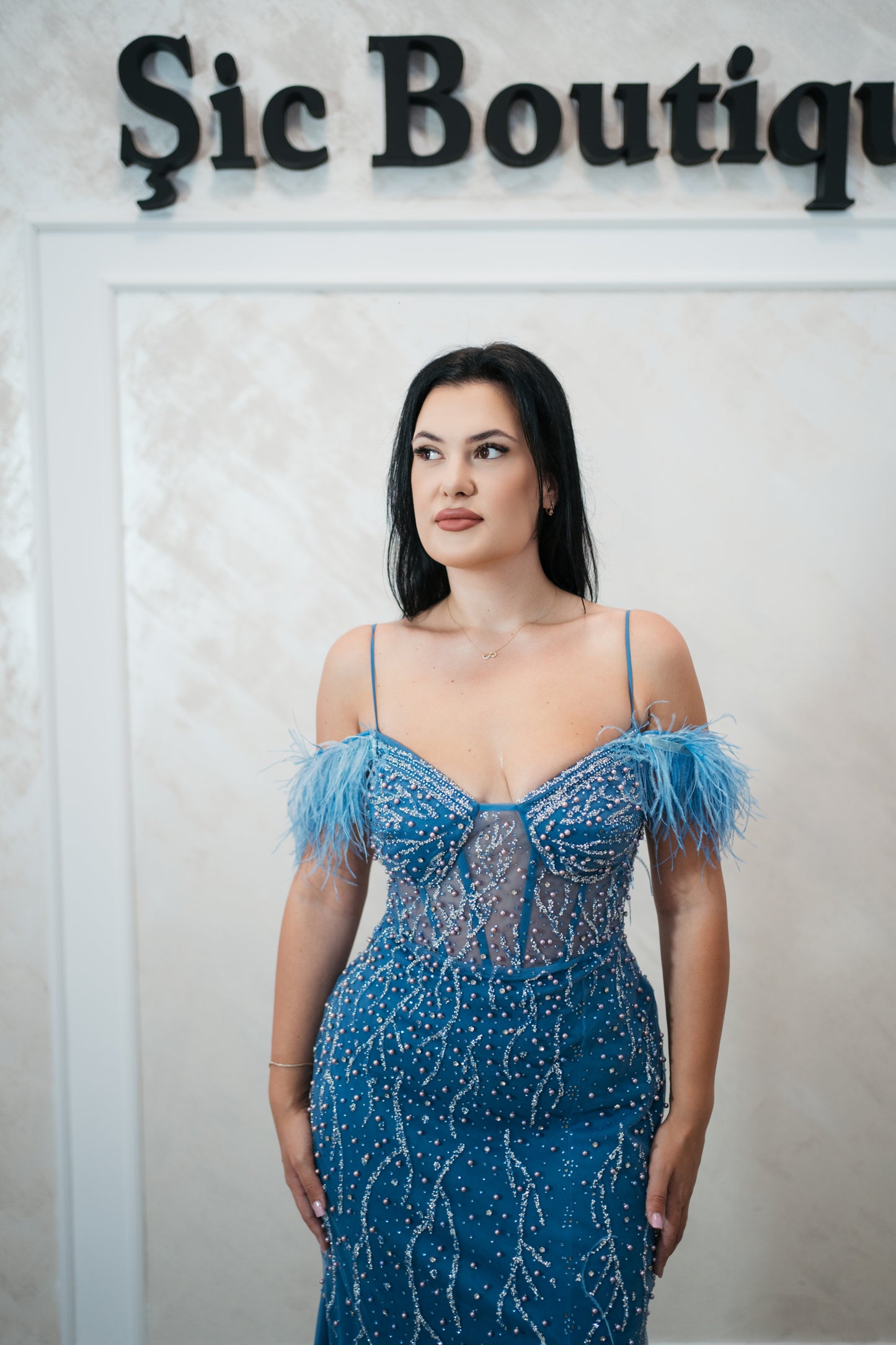 Rochie de seara Ela din tull fin cu perle și cristale – Baby Blue