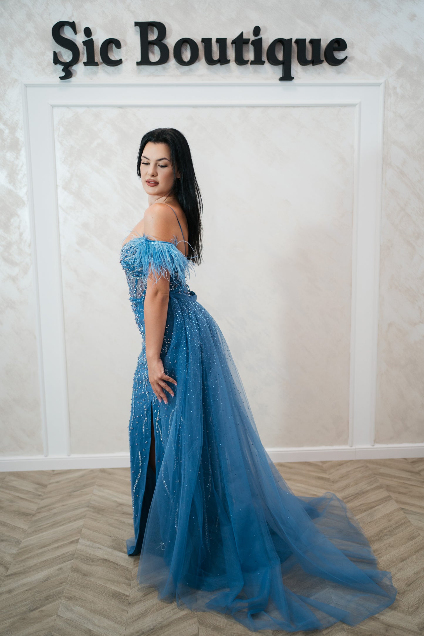 Rochie de seara Ela din tull fin cu perle și cristale – Baby Blue