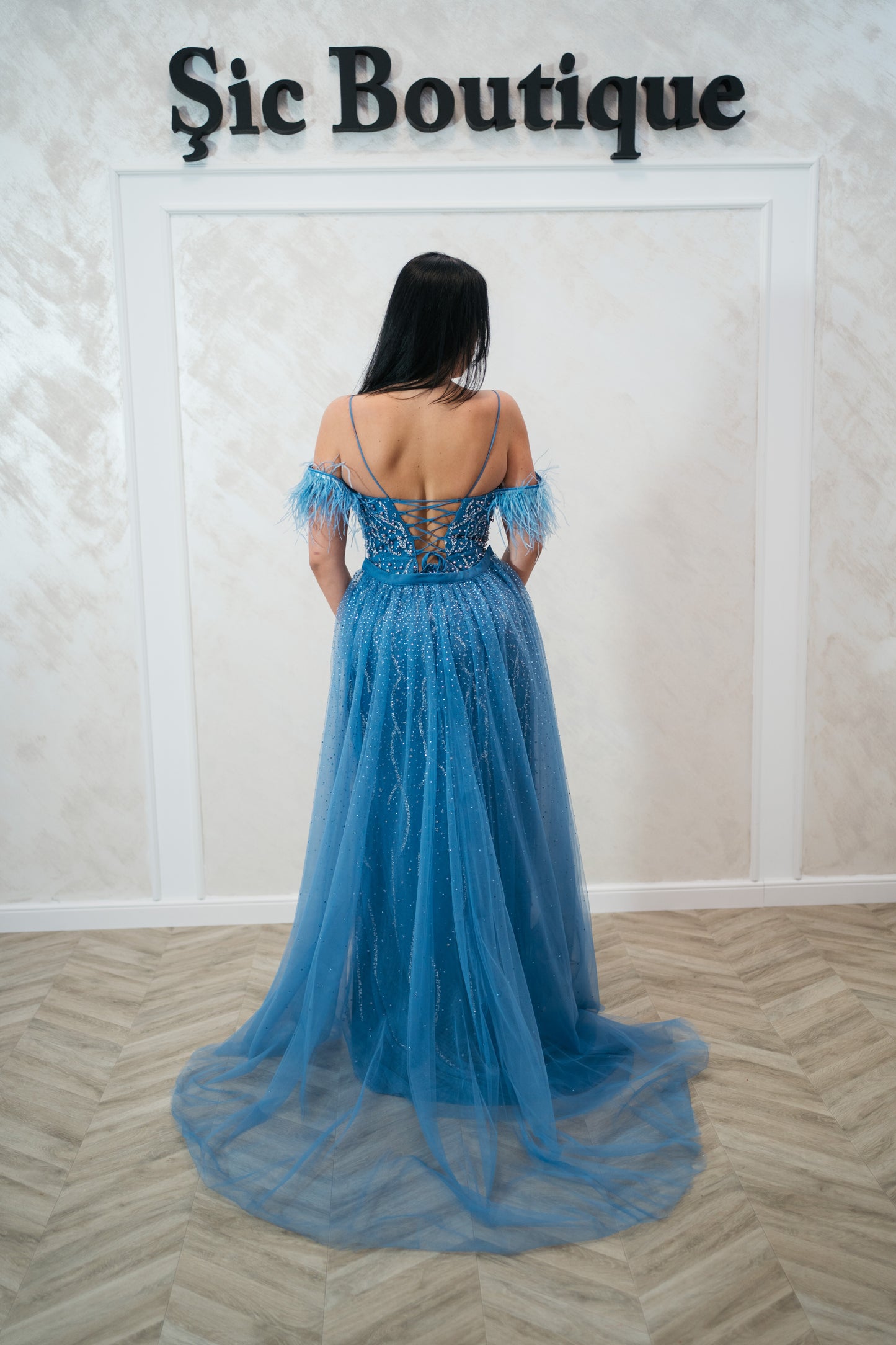 Rochie de seara Ela din tull fin cu perle și cristale – Baby Blue