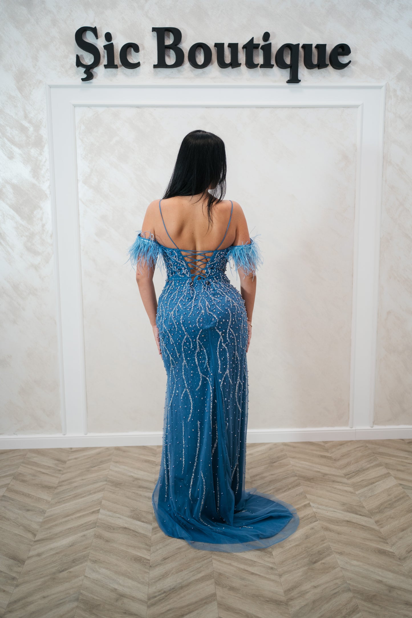 Rochie de seara Ela din tull fin cu perle și cristale – Baby Blue