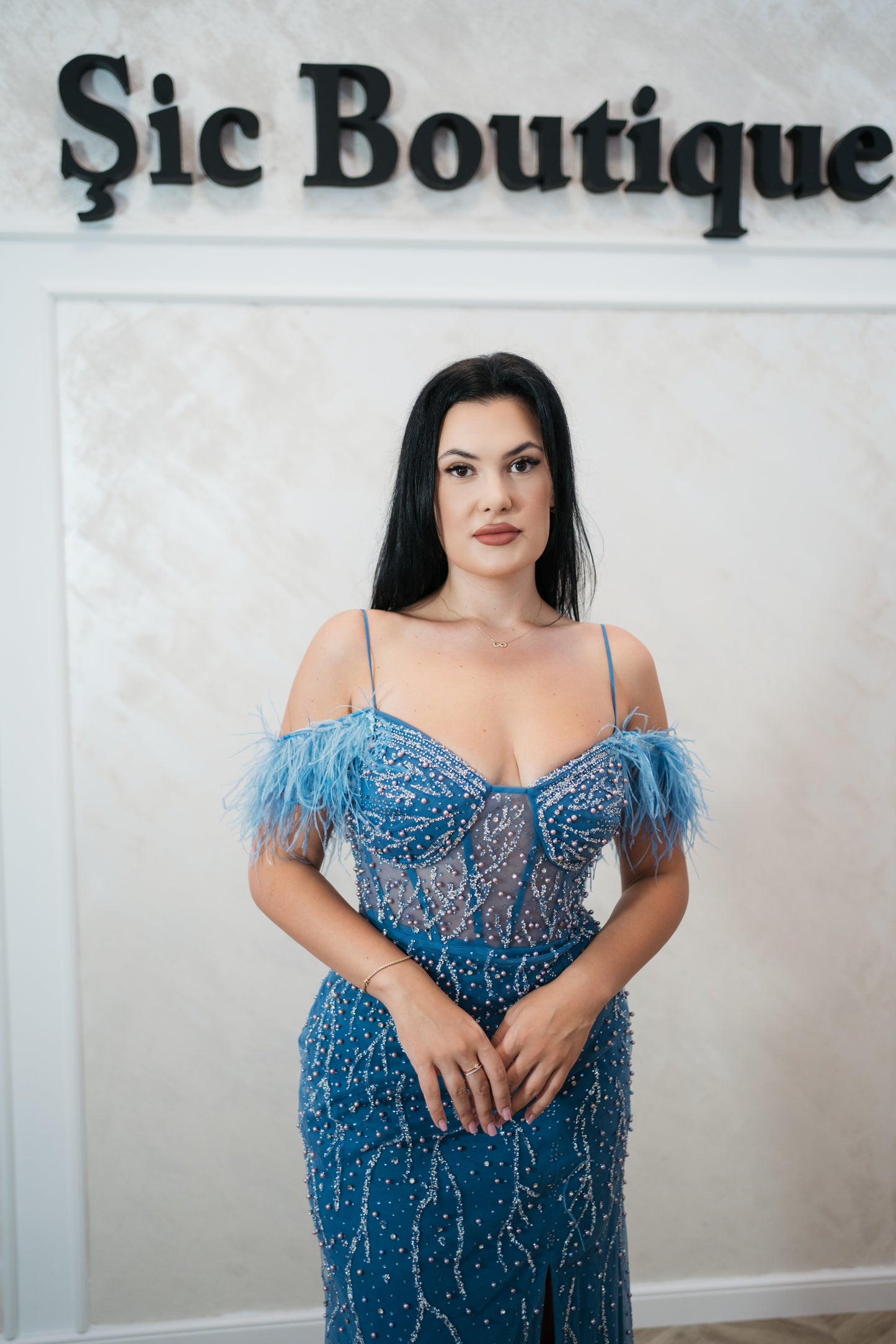 Rochie de seara Ela din tull fin cu perle și cristale – Baby Blue