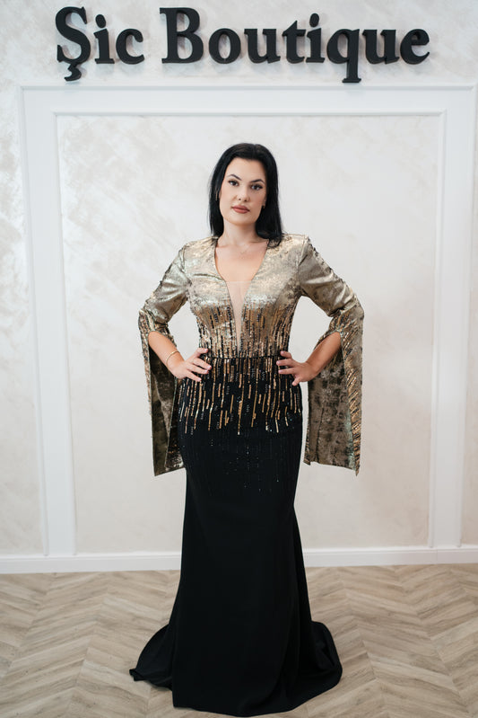 Rochie de seara Goldy – Rochie neagra cu insetții aurii croi sirena