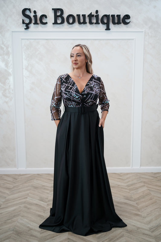 Rochia Venice – Rochie Lunga de Seara din Tafta Subtire, cu Dantela și Curea în Talie