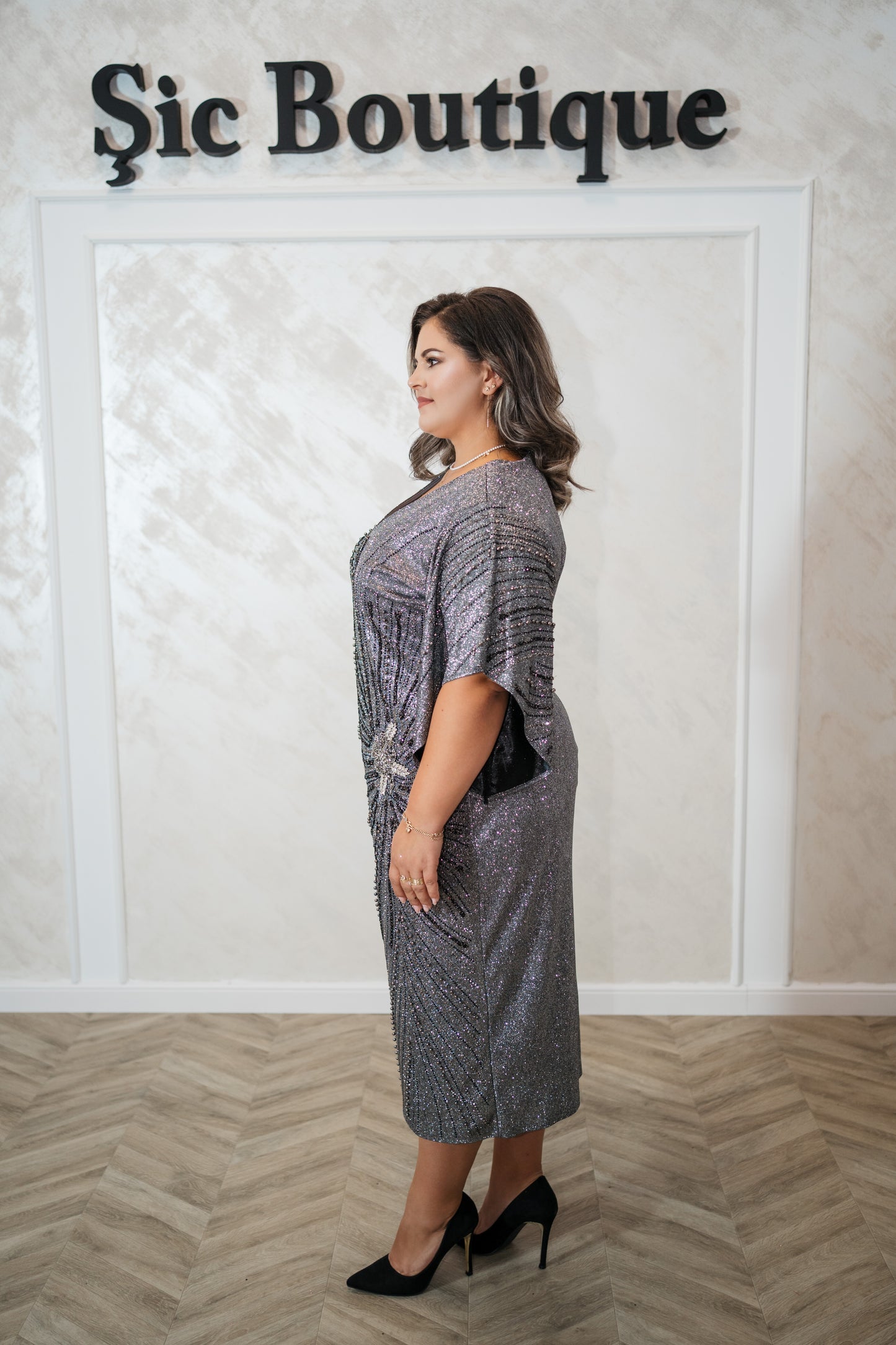 Rochia Zenova – Rochie de seara sau de zi din lurex, disponibila doar pentru marimi mari
