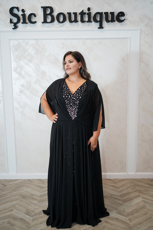 Rochia Velara – Rochie de seara eleganta,neargra din triplu voal cu pietre strălucitoare