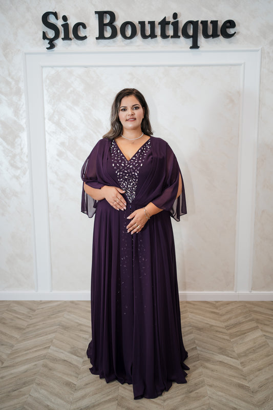 Rochia Velara Purpuriu – Rochie de seara eleganta din triplu voal cu pietre strălucitoare