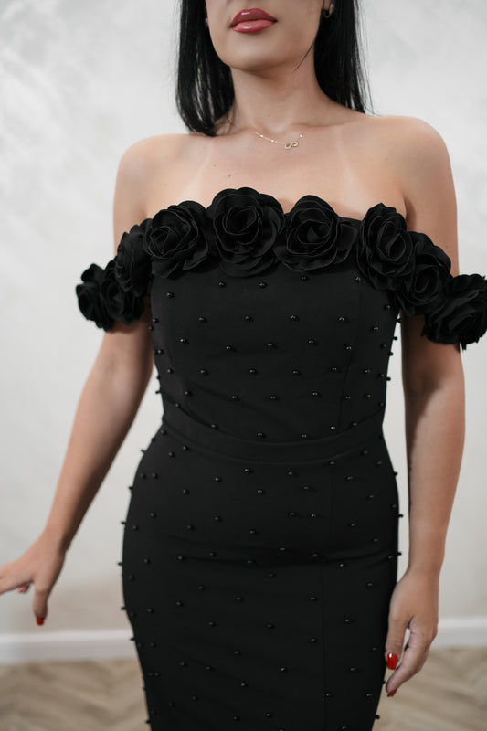 Rochia Black Roze – Rochie Eleganta Neagra cu Perle și Trandafiri 3D