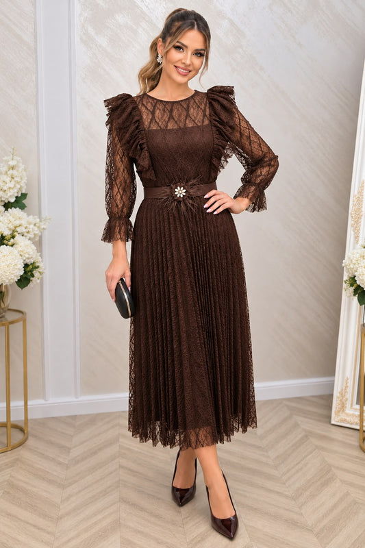 Rochie Dejavu midi din dantela cu maneci si curea eleganta