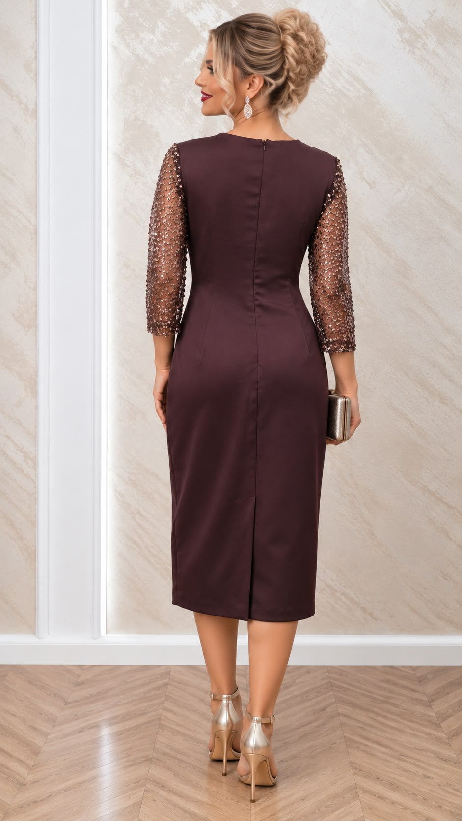 Rochia Cuper midi din satin premium cu dantelă paietată
