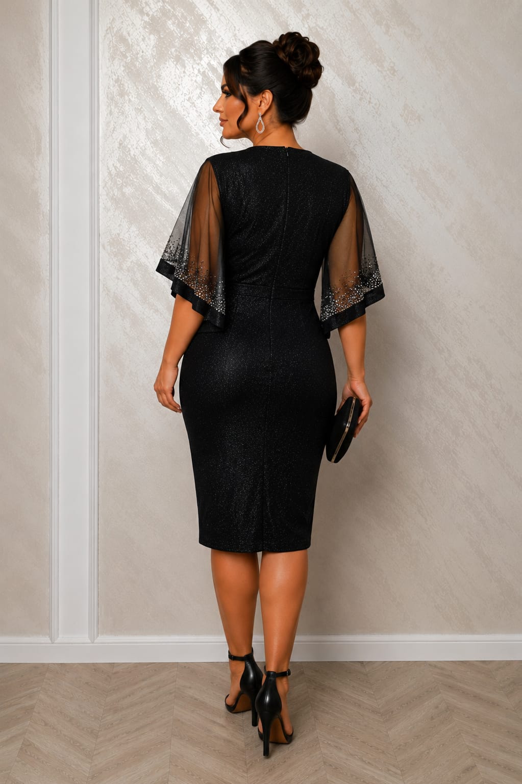 Rochia Selena – Rochie midi cu maneci transparente si detalii elegante pentru evenimente festive