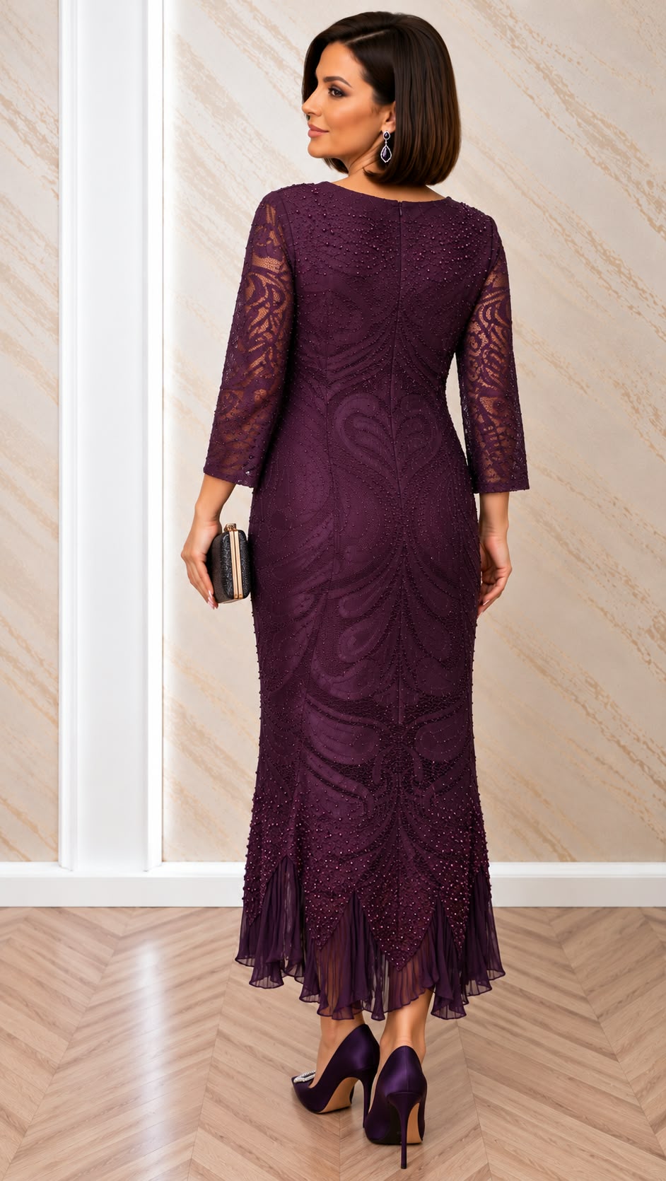 Rochie Marika midi din dantela cu maneci – bleumarin, negru si purpuriu