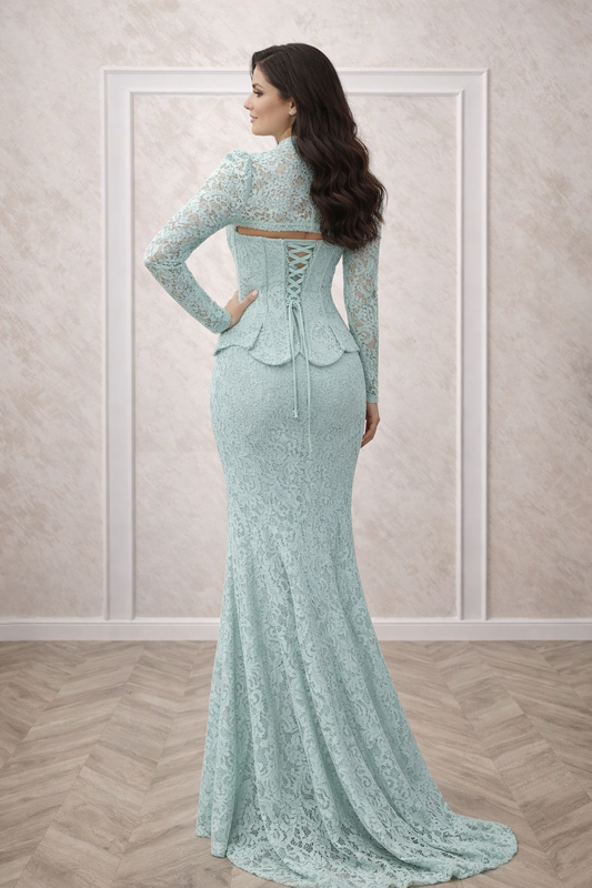Rochia Tani rochie eleganta din dantela Chantilly cu corset si bolero detasabil verde menta