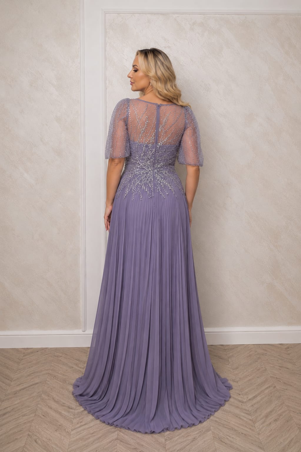 Rochie Purple – Rochie eleganta din voal plisat cu perle si cristale cusute manual model unic