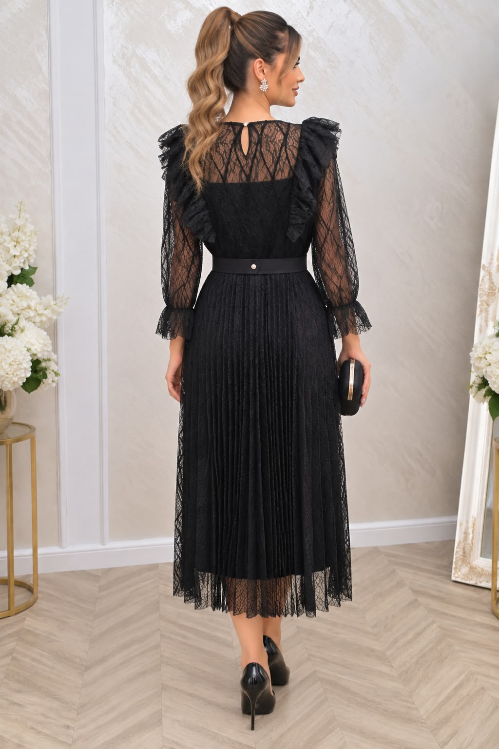 Rochie Dejavu midi din dantela cu maneci si curea eleganta