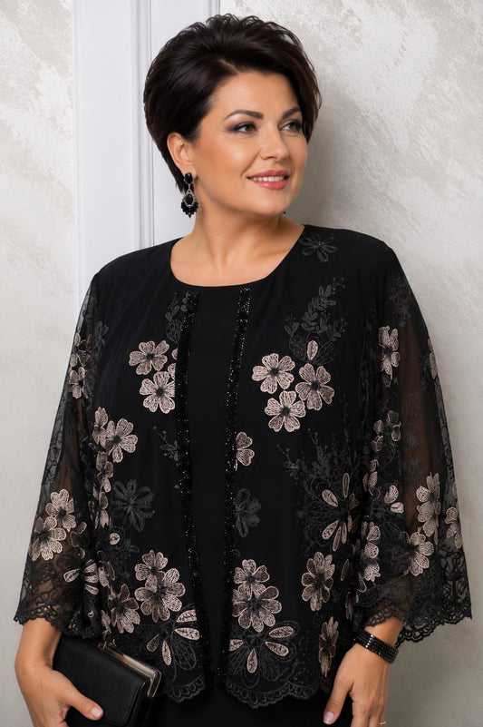 Rochie Anemona – Rochie eleganta Plus Size cu bolero din voal si broderie florala