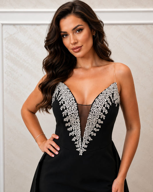 Rochia Kristal - Rochie neagra cu trena lunga din satin lichid si corset decoltat