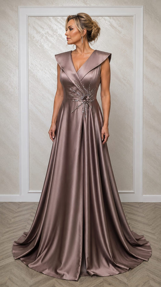 Rochia Lorena – Rochie eleganta lunga in nuante capuccino , negru , turcoaz din satin cu slit pe picior