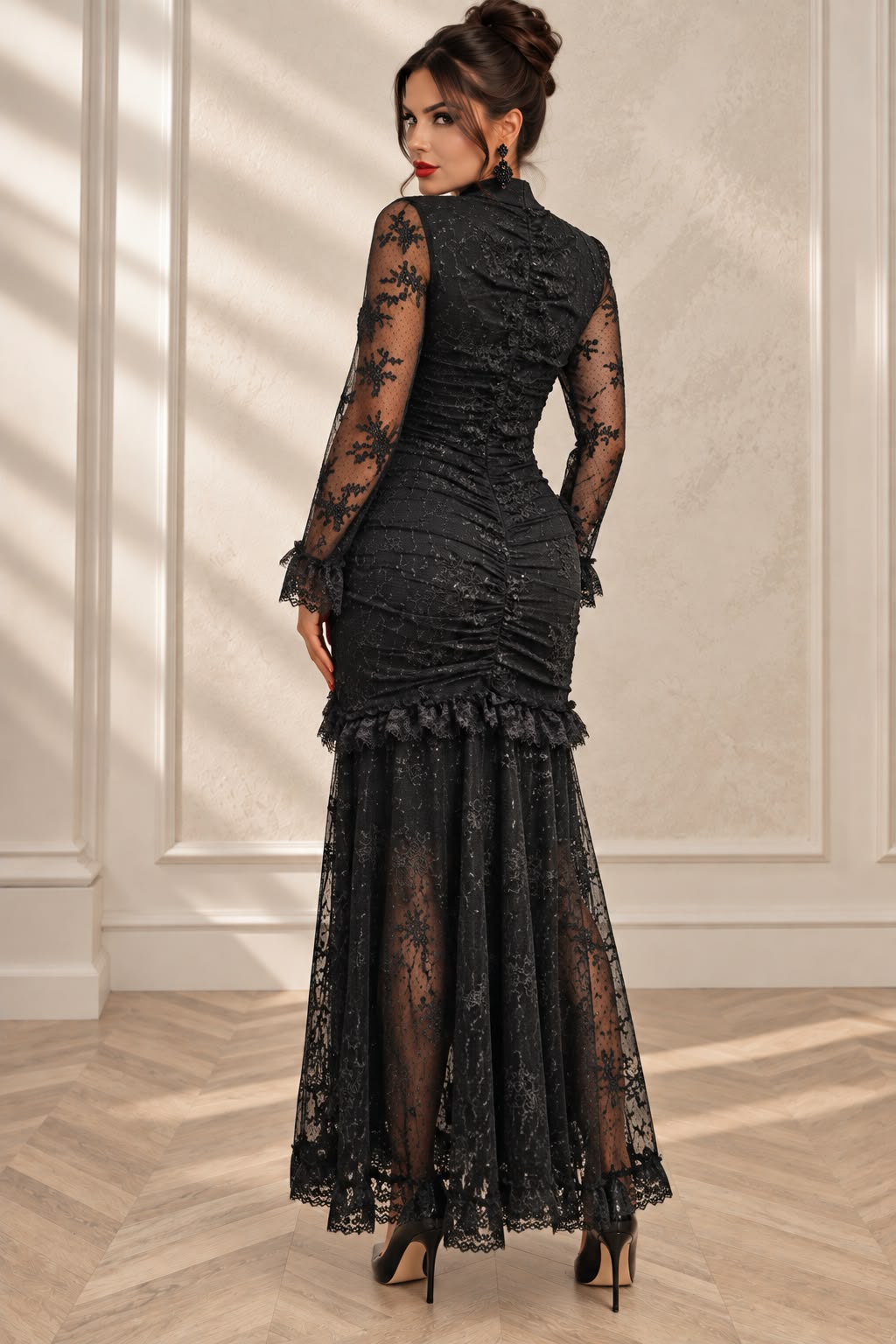 Rochia Suave neagra lunga din dantela Chantilly