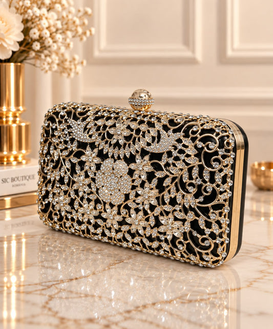 Geanta Clutch Neagra cu Broderie Aurie si Cristale