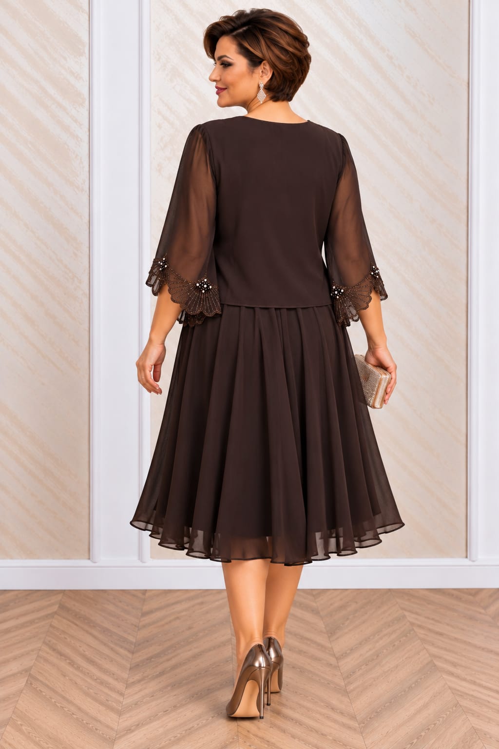 Rochia Ankara - Rochie lungime midi din triplu voal ciocolatiu cu paiete si perle