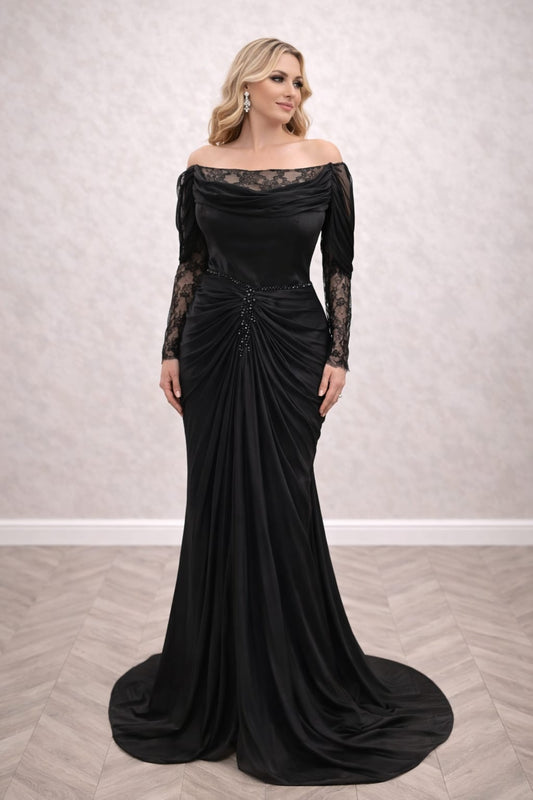Rochia Patricia negru sau verde oliv – Rochie eleganta din satin cu dantela si drapaje sofisticate