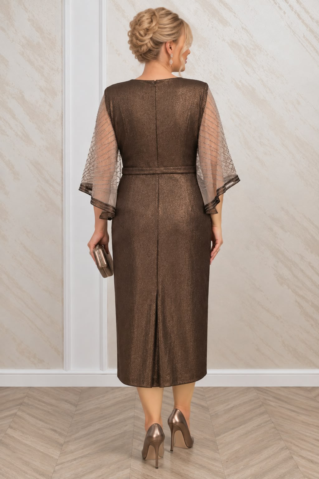 Rochie Vienna midi bronze ciocolatiu cu cristale - marimi mari