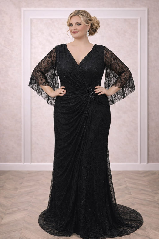 Rochia Lana – Rochie eleganta lunga neagra din dantela Chantilly plus size, croi sirena