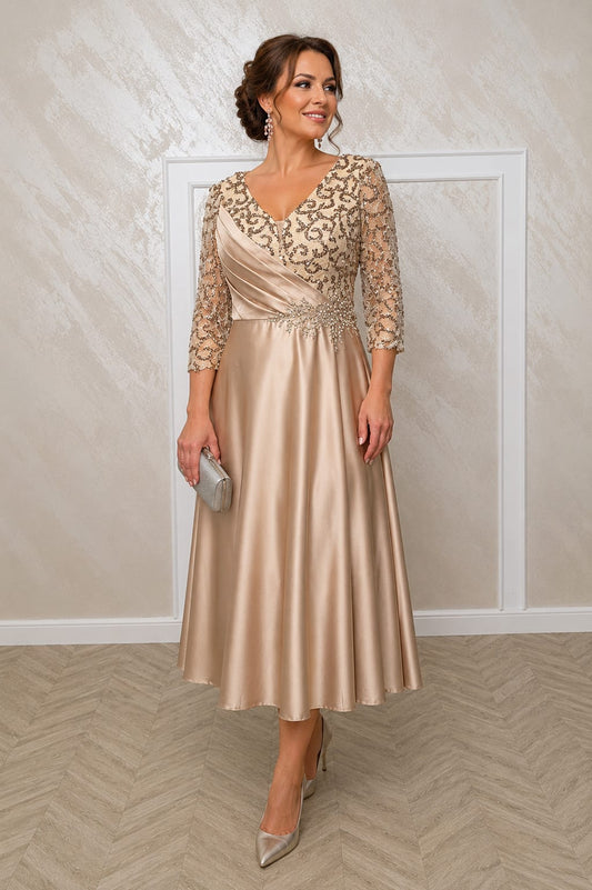 Rochia Lucia Midi - Rochie lungime midi cu maneci din dantela, roz pal, auriu sau capuccino