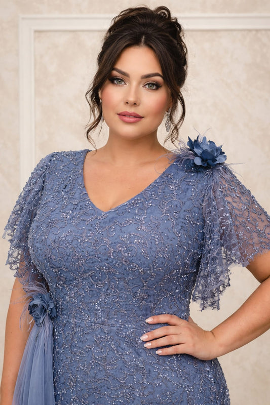 Rochia Cherry – Rochie lunga din dantela cu perle pentru marimi plus size cu maneci
