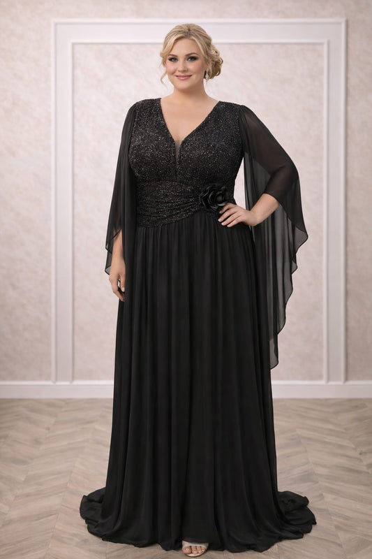 Rochia Makadi – Rochie eleganta lunga neagra plus size cu maneci vaporoase