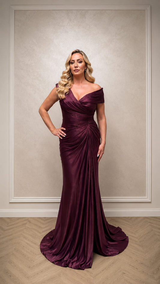 Rochia Bronze Glow - rochie simpla si eleganta din matase cu drapaje si croi asimetric