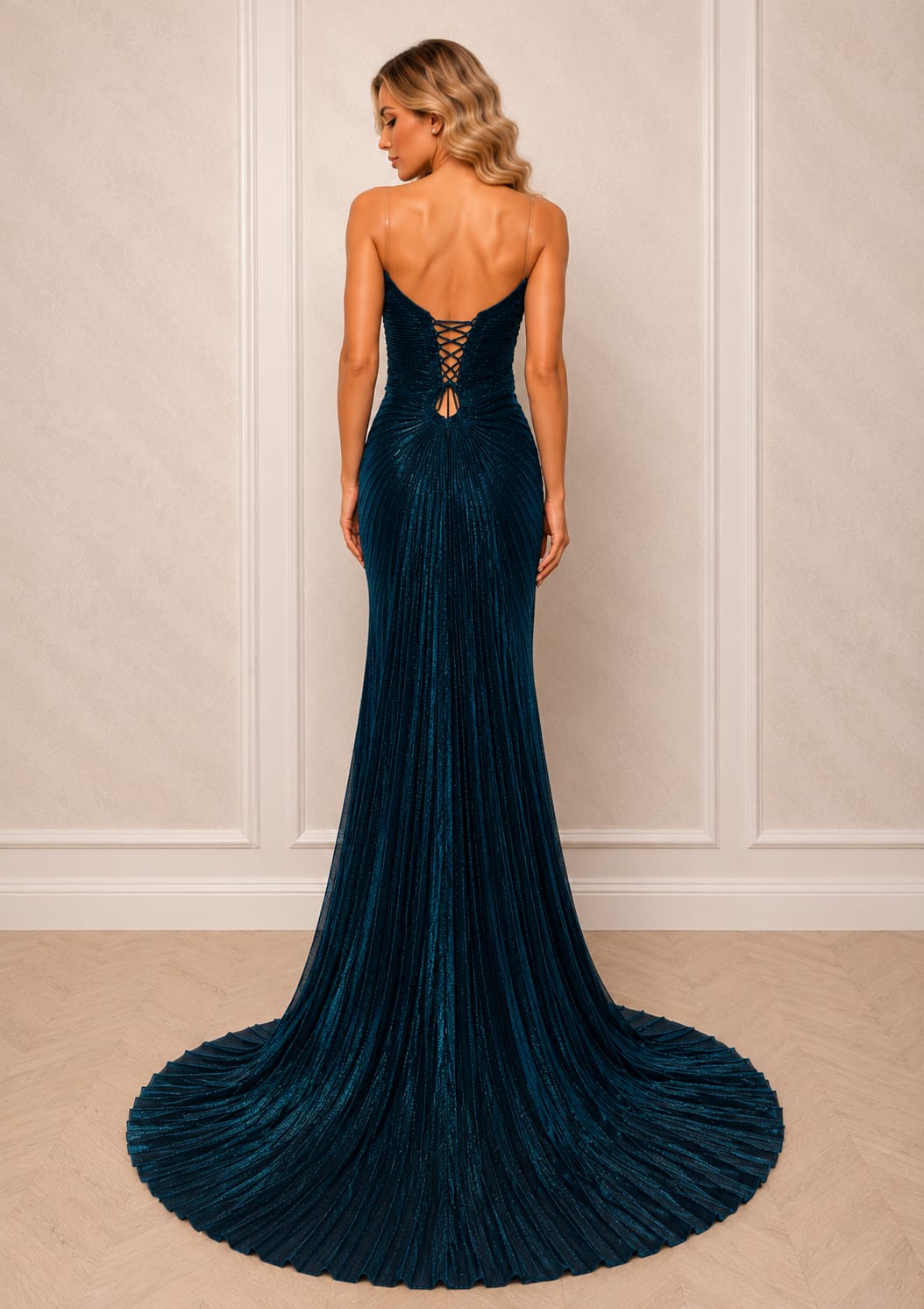 Rochia Aceria – Rochie lunga deosbita cu corset reglabil din voal plisat disponibila in nuanta de negru sau turcoaz