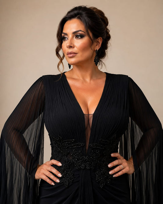 Rochia Cuore – Rochie lunga neagra usor decoltata cu maneci tip capa