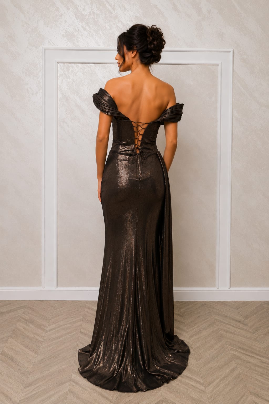 Rochia Belona Bronze - rochie lunga deosebita din material elastic cu corset reglabil