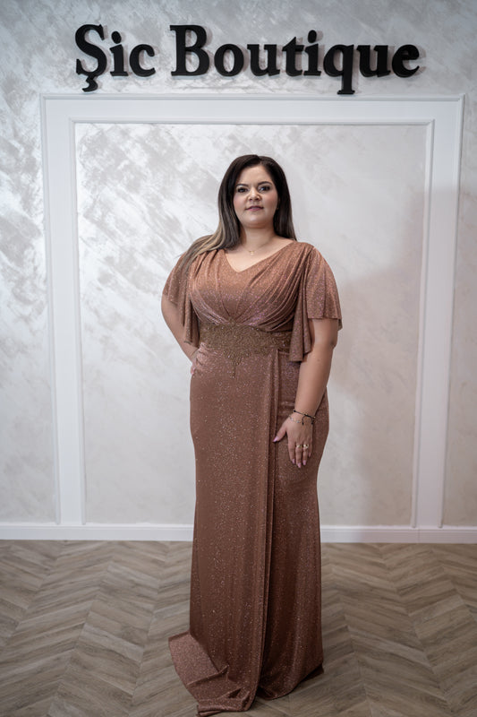 Rochia Rose-Gold – Rochie eleganta de seara din lurex, usoara și sofisticata