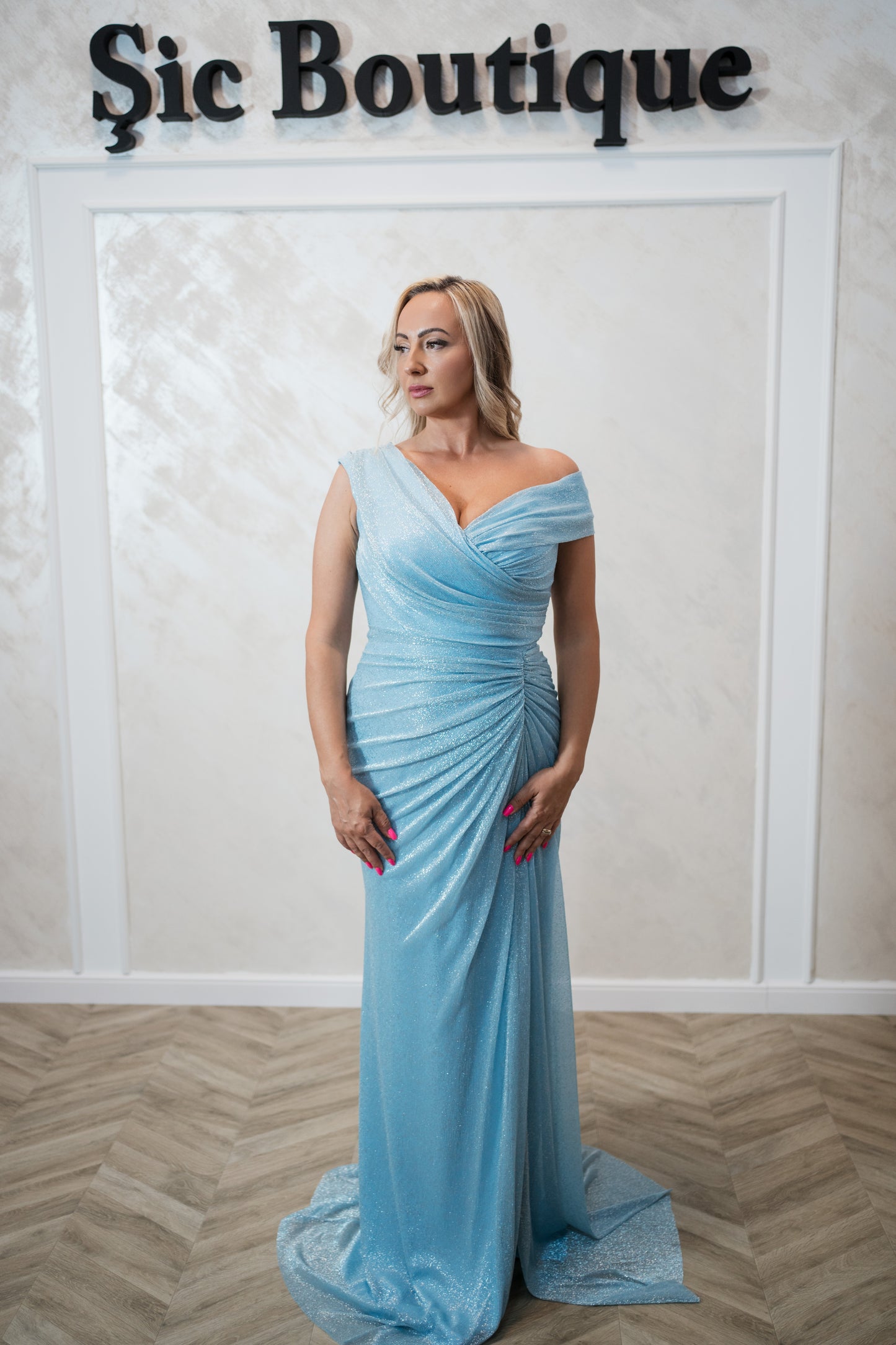 Rochia Talady-Rochie de seară din voal cu sclipici și lurex – rafinament în baby blue & mov prună