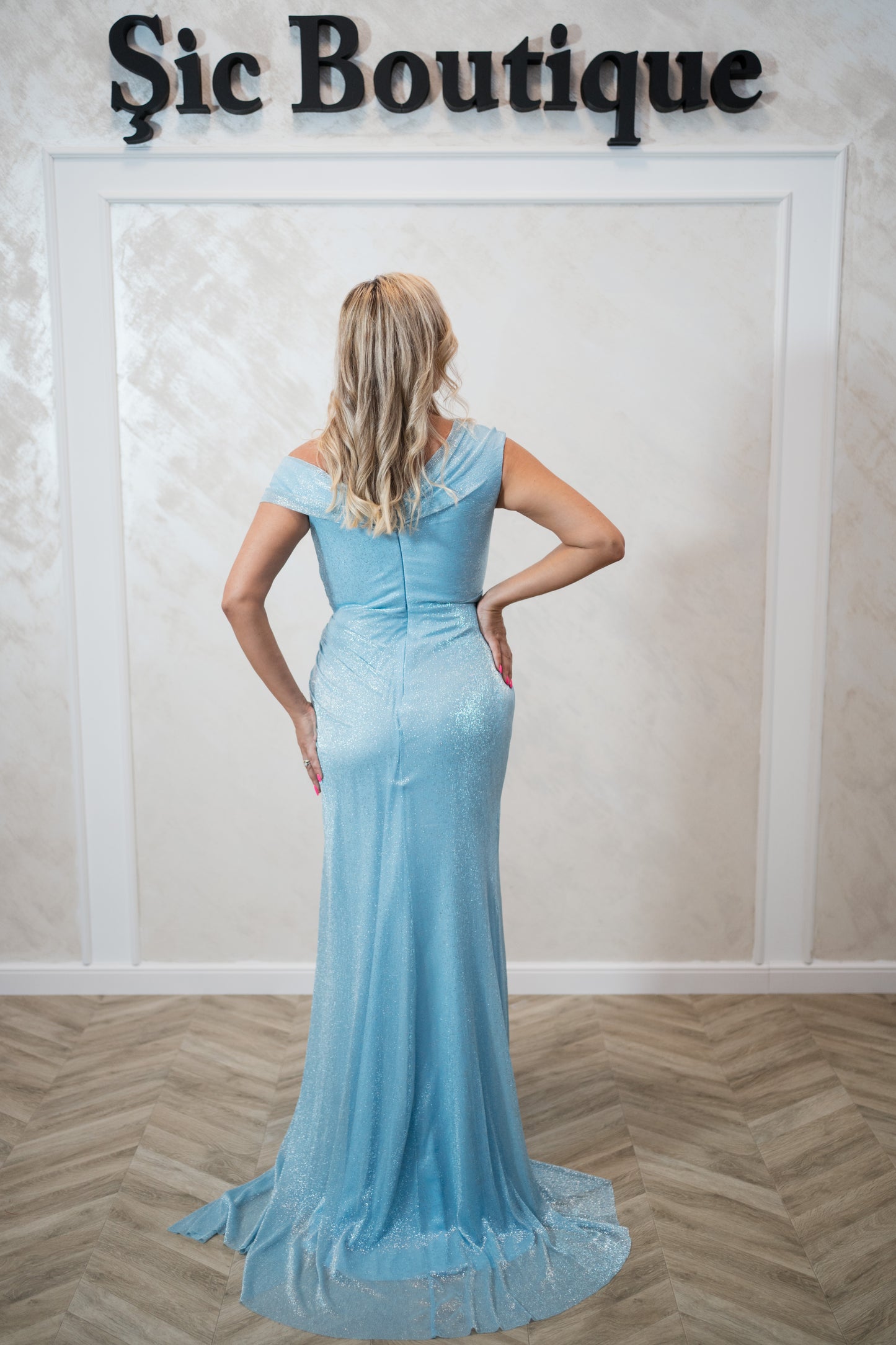 Rochia Talady-Rochie de seară din voal cu sclipici și lurex – rafinament în baby blue & mov prună