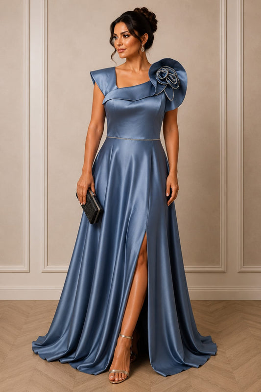 Rochia Naomi – rochie lunga pentru evenimente satin premium in nuante de verde smarald si baby blue