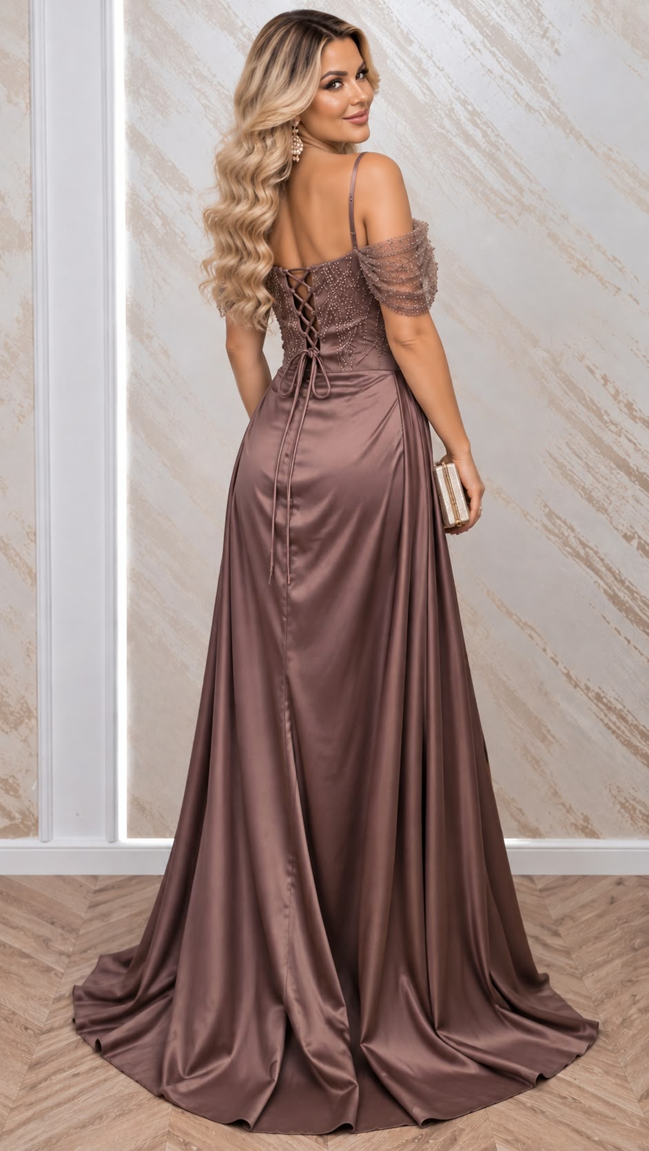 Rochie Gena-rochie lunga din satin capuccino cu corset si slit pe picior