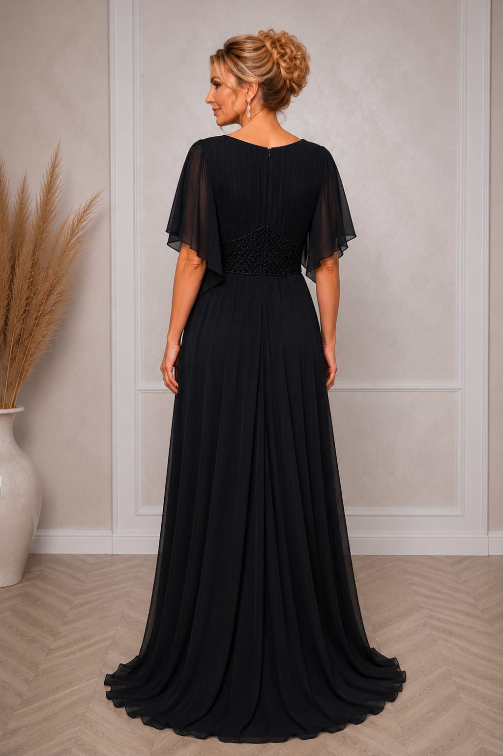 Rochia Melona - lunga din voal fluid cu maneci asimetrice elegante