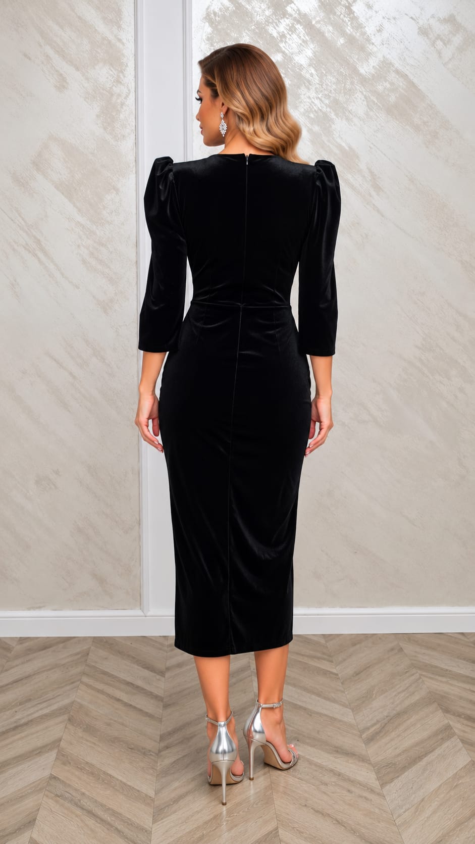 Rochia Sya - Rochie eleganta midi din catifea cu perle si cristale