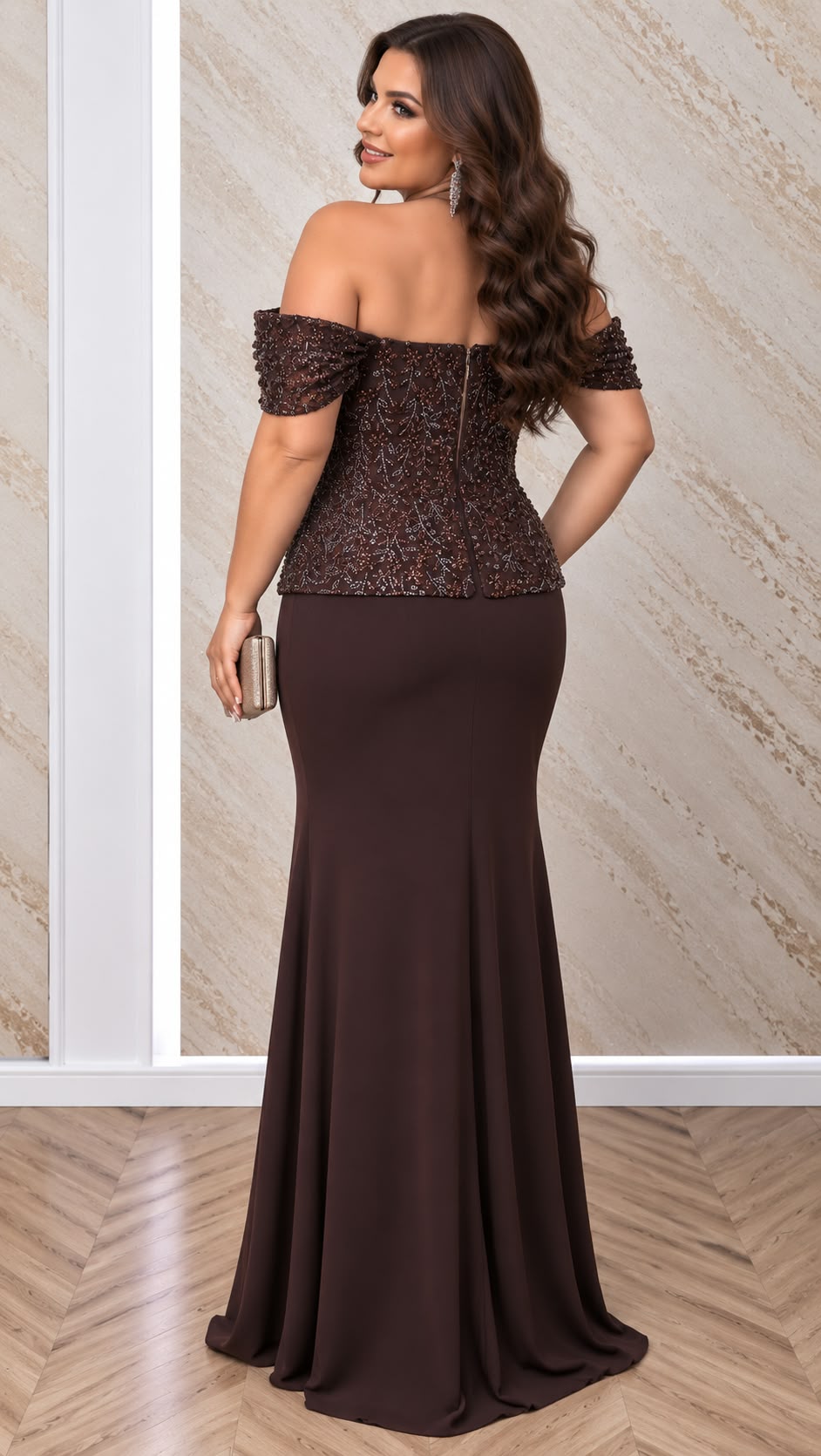 Rochie Ciocolatte lunga sirena cu corset perlat si bretele off shoulder