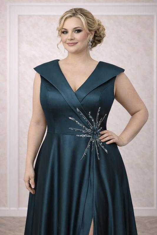 Rochia Lorena – Rochie eleganta lunga turcoaz din satin cu slit pe picior