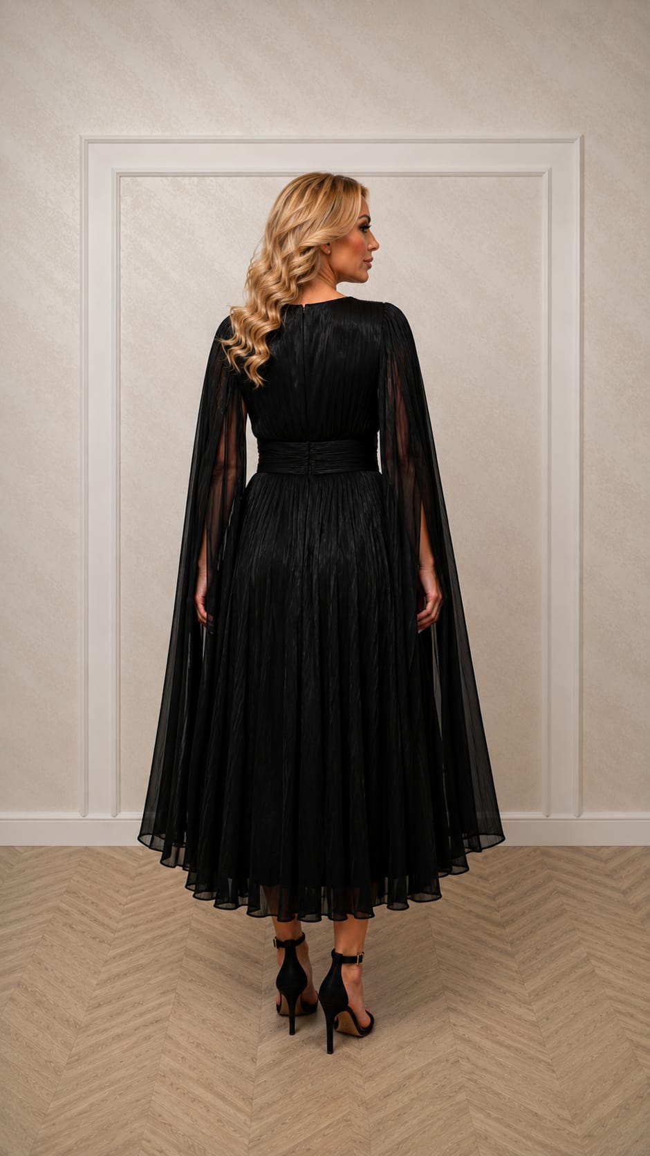 Rochia Piamor – Rochie midi eleganta din matase artificiala fluida cu maneci tip esarfa