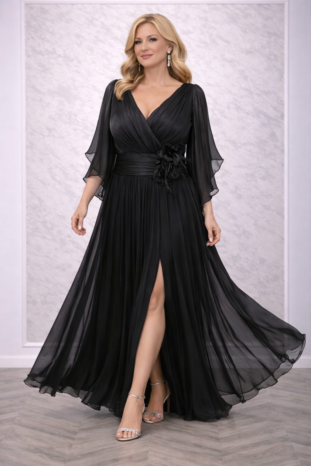Rochia Aria - Rochie eleganta lunga din matase artificiala neagra cu slit pe picior
