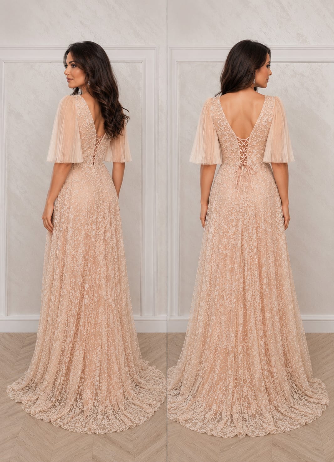 Rochia Reset - Rochie de seara lunga nude champagne cu broderie stralucitoare