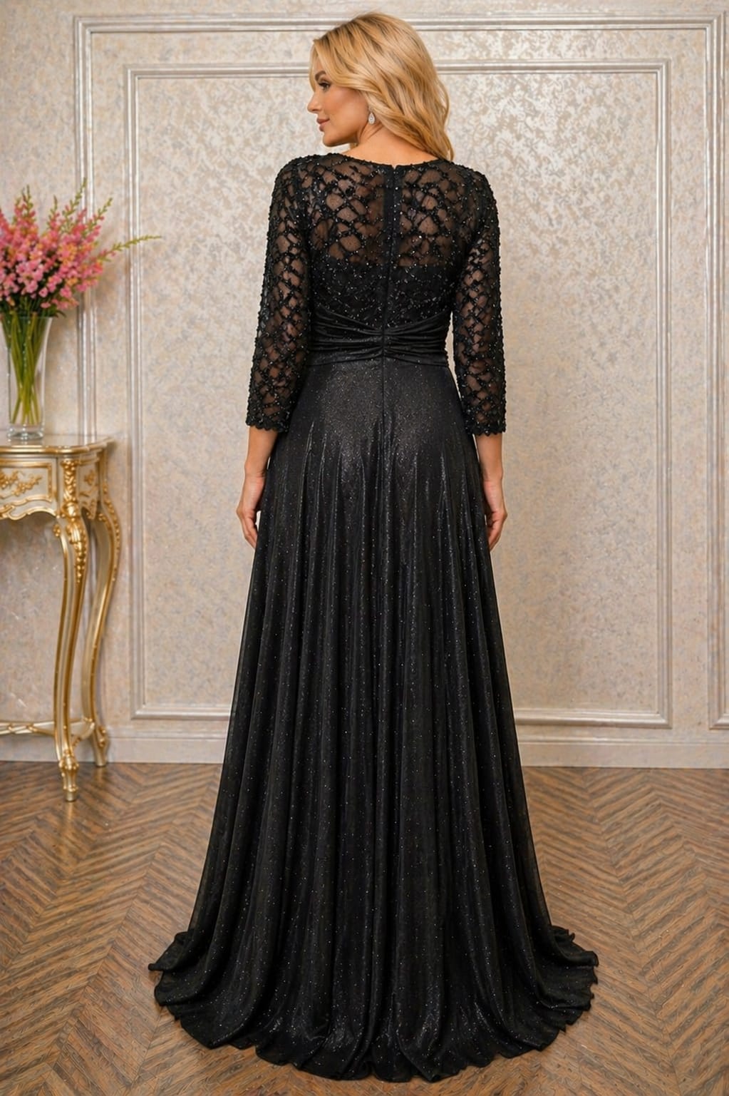 Rochie Bella Lux Eleganta din Voal Sclipitor – Maneci 3/4, Croiala Fluida, Efect de Subtiere