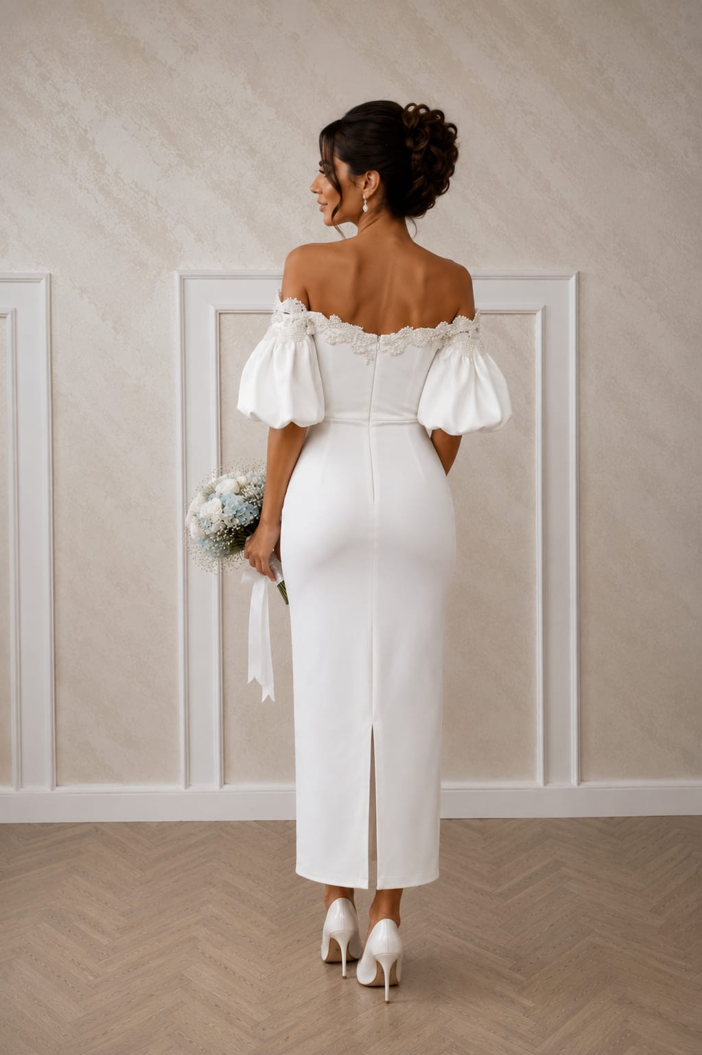 Rochia Pearl Elegance –Rochie de stare civila midi alba cu perle si maneci bufante
